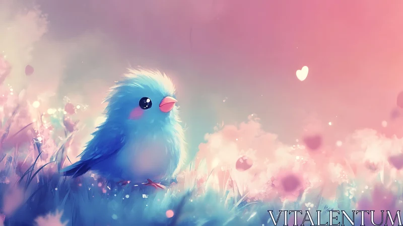 Adorable Blue Songbird Surrounded by Blooming Pink Flowers and Clouds