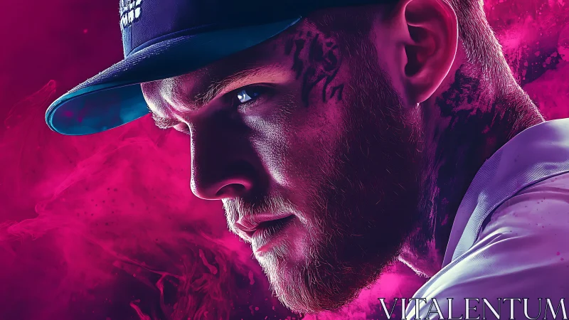 Profile portrait of tattooed man in cap with neon backdrop.
