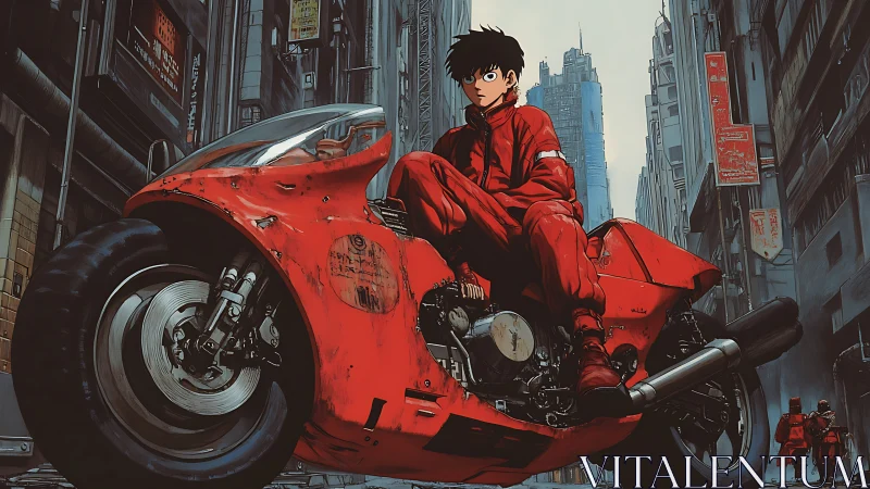 Red biker dominates dystopian alley on futuristic motorcycle.