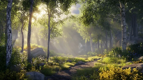 Sunlit forest path through birch and evergreen woodland.