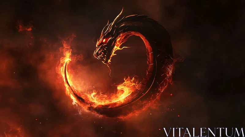 Infernal serpentine dragon coiled in blazing circular flame.
