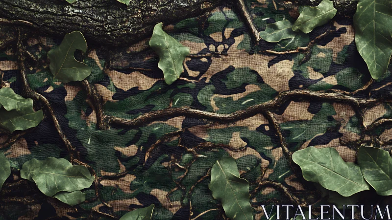 Camouflage fabric blended with leaves and tree branches.