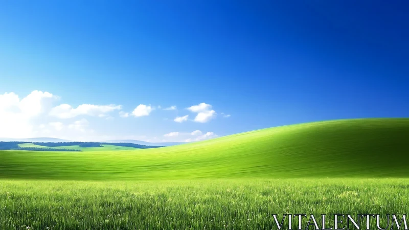 Emerald hills roll beneath a crystal-blue midday skyscape.