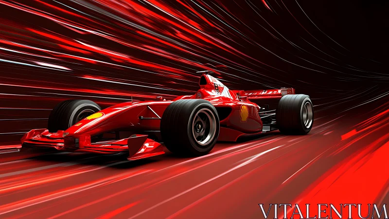 Scarlet racecar slices a neon tunnel of liquefied speed