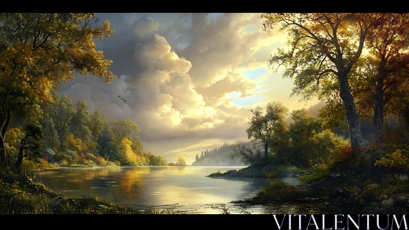 Sunlit river valley reflects storm-clearing autumn sky