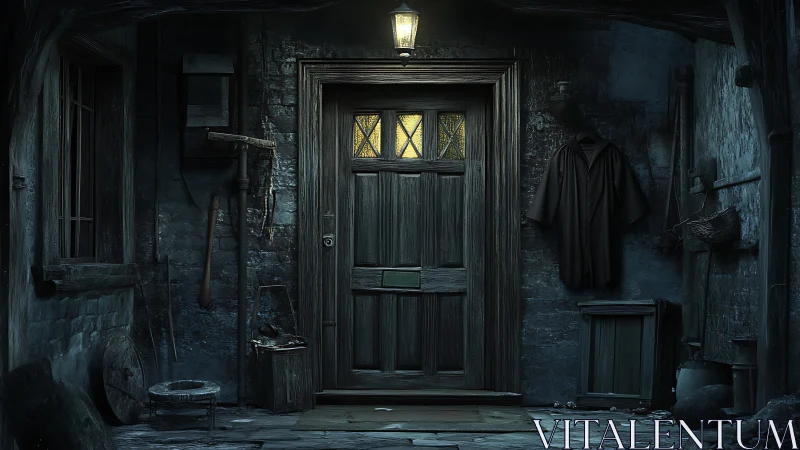 Weathered wooden doorway under single lantern with nocturnal chiaroscuro