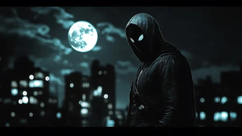 Hooded masked figure stands before moonlit urban skyline