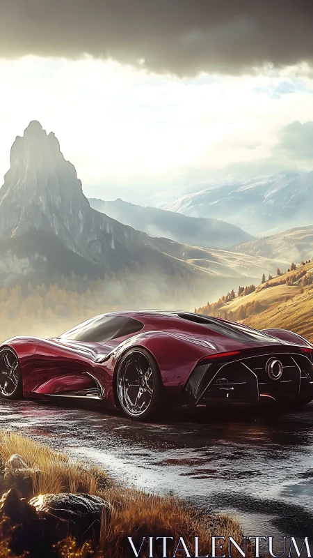 Red futuristic sports car on wet mountain road at dusk.