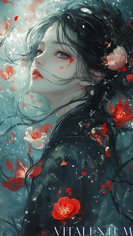 Melancholic woman amid swirling red blossoms in watercolors.