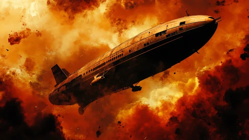 Retro-futuristic passenger airship in fiery atmospheric explosion
