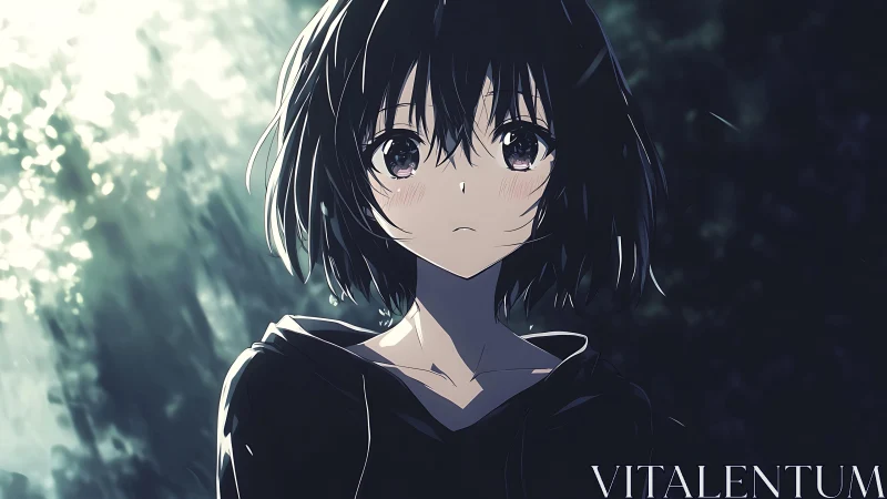 Melancholic girl in dappled forest light, soft anime render.