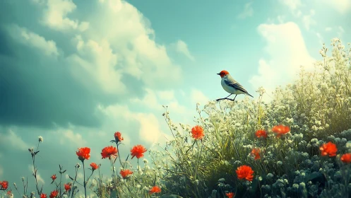 Red-headed songbird on wildflower hill in dreamy soft light.