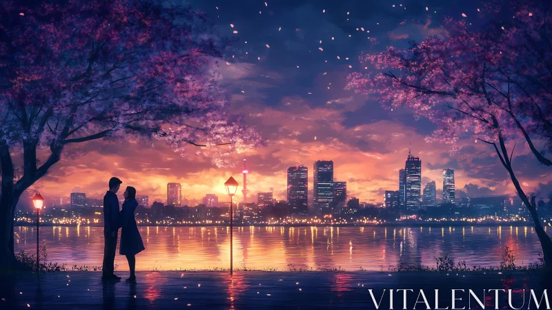 Twilight lovers beneath cherry skies over glowing city lake.