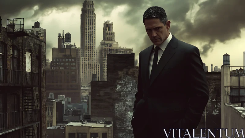 Brooding rooftop figure surveys storm-darkened city sprawl.