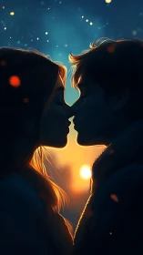 Silhouetted Kiss with Glowing Heart.