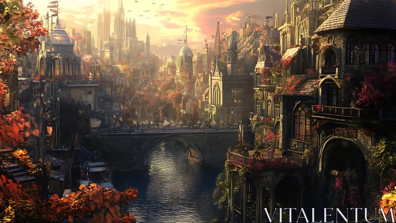 Sunlit river city blends fantasy architecture with autumn glow