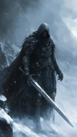 Hooded dark knight with sword in a frozen mountain storm.