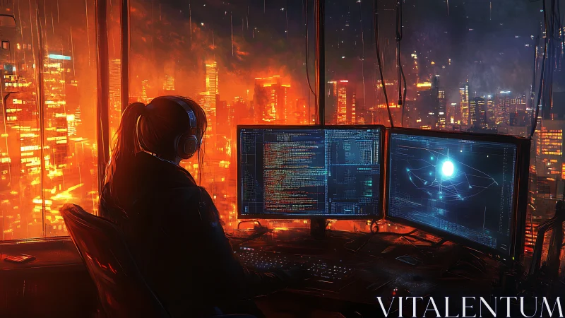 Cyberpunk coder overlooks neon city from glass highrise.