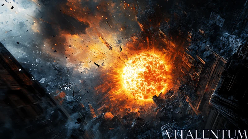 Apocalyptic fireball engulfs collapsing futuristic cityscape.