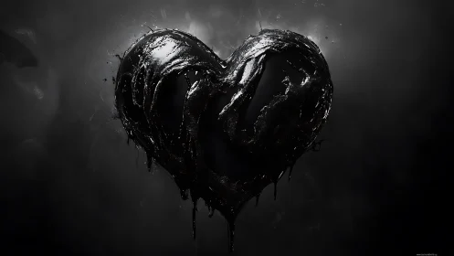 Liquid black heart shape glistening against dark moody background