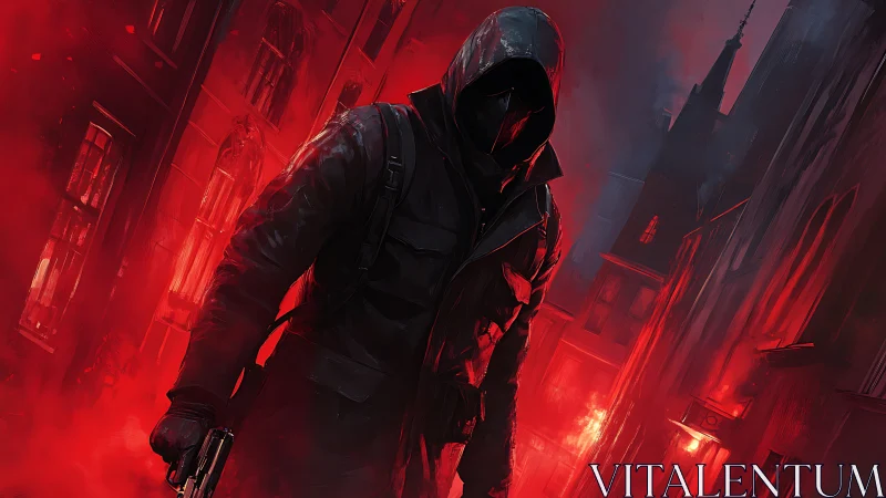 Hooded gunman strides through burning red city alley