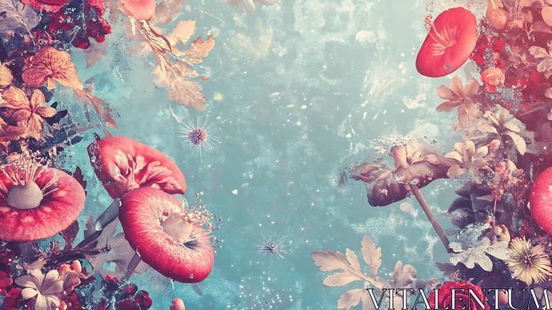 Surreal coral florals framing ethereal turquoise space.