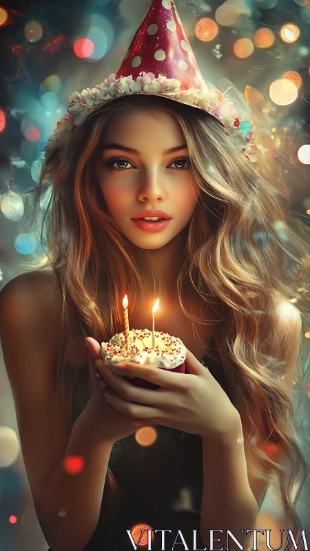 Portrait of Woman with Birthday Hat and Cake