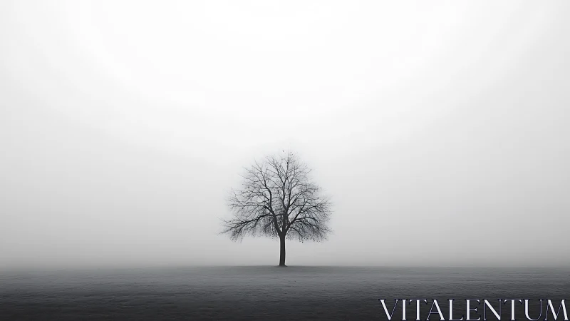 Single bare deciduous tree stands centered in dense ground fog