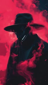 Shadowed figure in hat immersed in neon red volumetric smoke