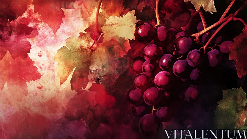 Grapes and leaves in textured red digital composition.