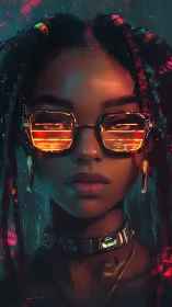 Cyberpunk portrait with neon visor glasses and braids.