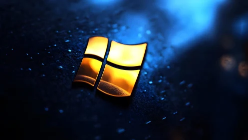 Glowing Windows Logo on Dark Wet Surface, Futuristic Digital Art.