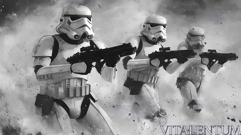Stormtroopers charging through swirling battlefield smoke.