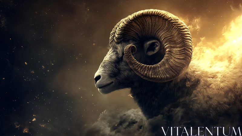 Stellar side-lit ram portrait with volumetric clouds and nebular glow