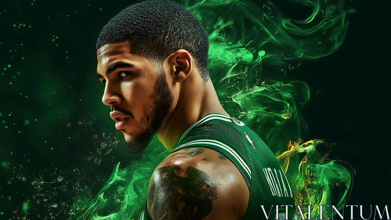 Emerald courtfire swirls around focused basketball warrior