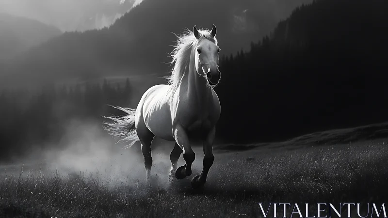 Moonlit wild stallion charging through whispered mountain dusk.