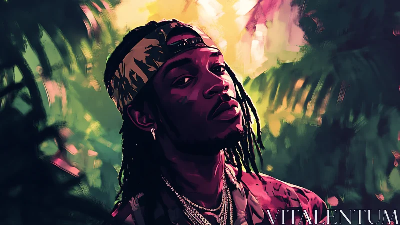 Portrait of confident man in neon jungle light exuding calm