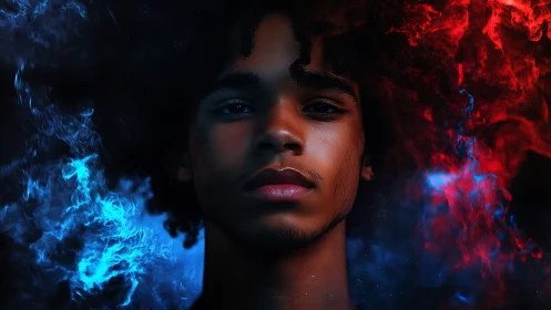 Portrait shows central face framed by contrasting color plumes