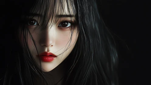 Ultra-detailed close portrait renders stylized female face in shadow