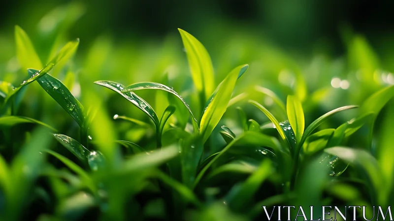 Close-up macro view of fresh green leaves with water drops.
