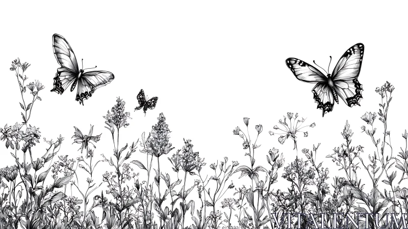 Butterflies above detailed wildflower line art meadow.