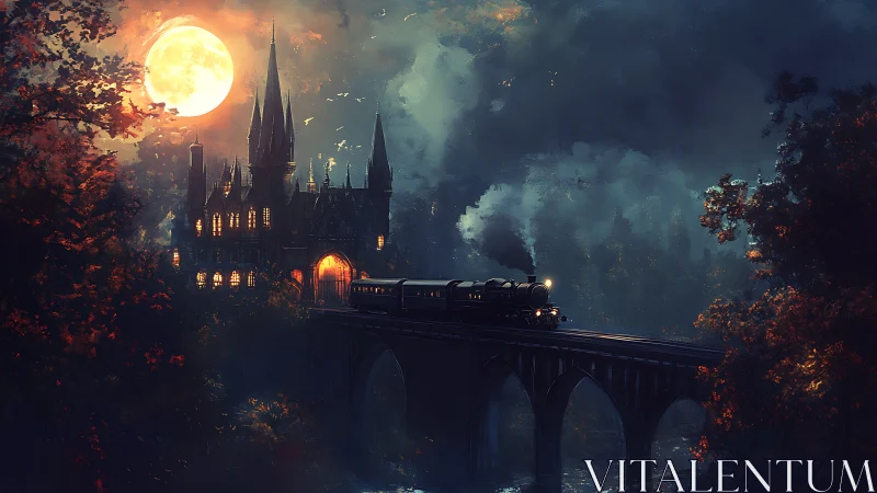 Steam train crossing viaduct near illuminated gothic castle.