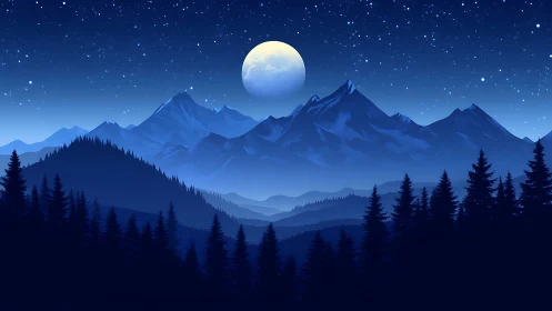 Moonlit alpine peaks glow softly under a star-rich sky