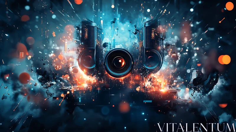 Central camera lens bursts through abstract digital explosion