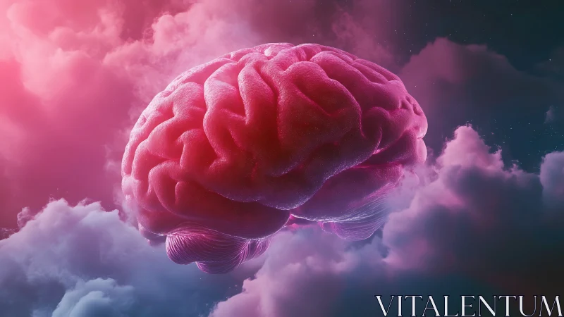 Pink human brain floating in stylized cloudy sky scene.