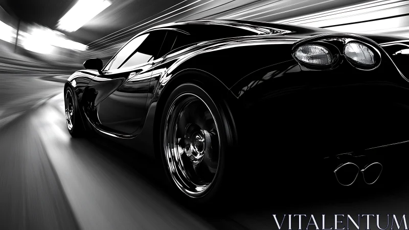 Sleek black supercar racing through blurred tunnel lights.