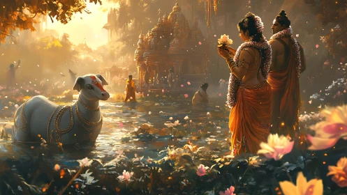 Ritual procession in lotus pond with sacred cow and temple bokeh