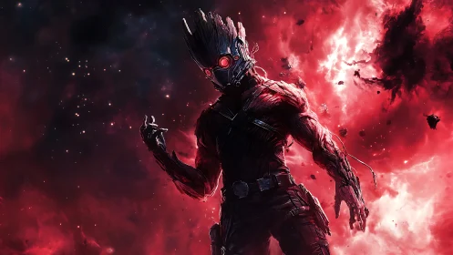 Cosmic cyborg warrior emerging through crimson nebula storm.