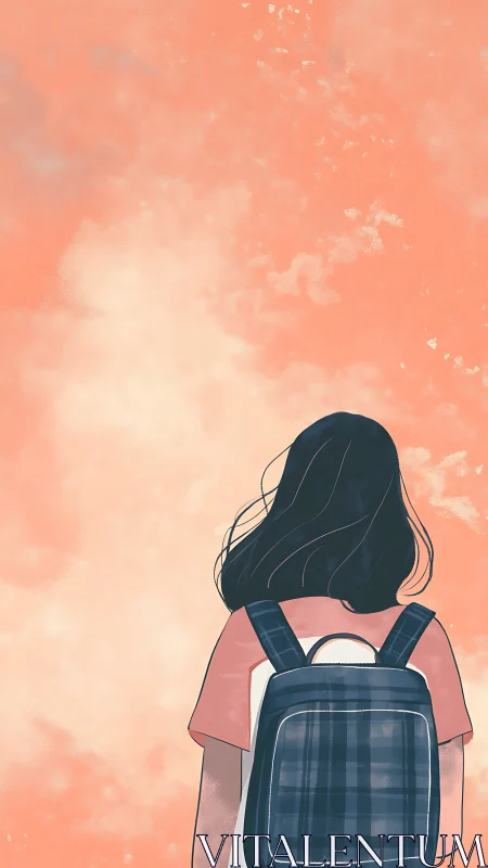 Back view of student with backpack under muted sky.