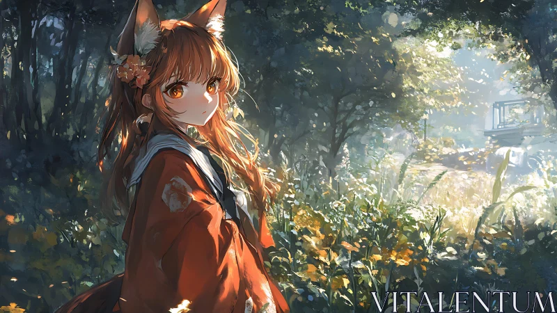 Fox-eared girl in sunlit forest glade rendered in painterly anime